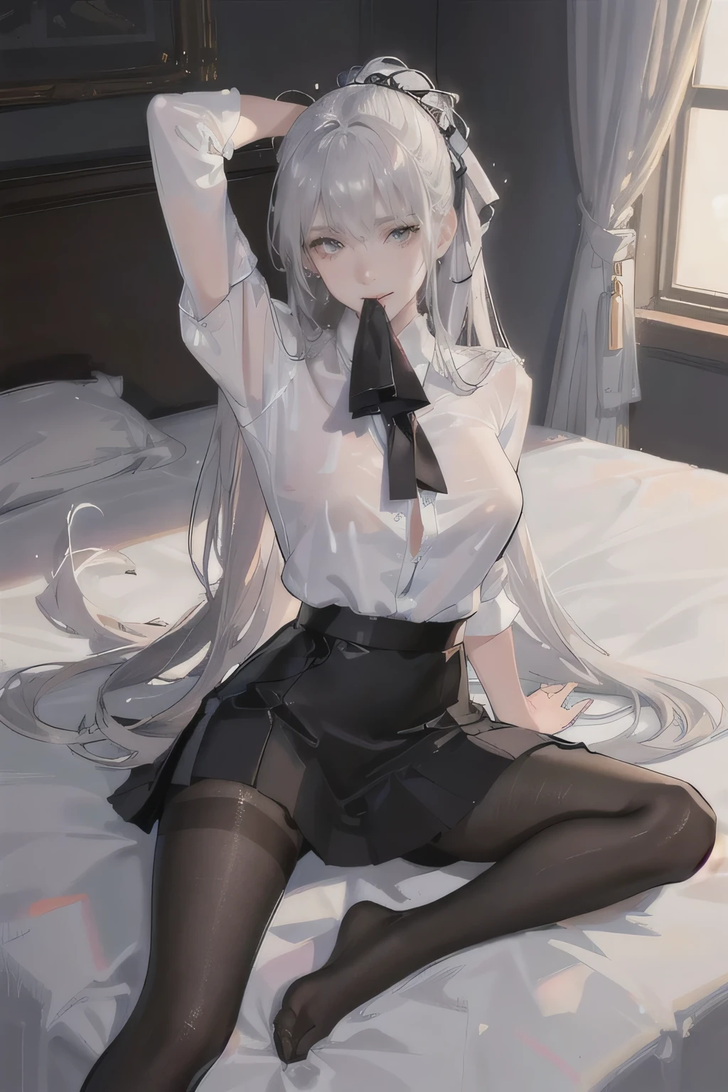 (((1 girl)),ray tracing,(dim lighting),[detailed background (bedroom)),((silver hair)),((silver hair)),(Fluffy silver hair, plump and slender girl))) with high ponytail))) Avoid golden eyes in the ominous bedroom ((((Girl wears a white shirt, black wrinkled skirt with black transparent pantyhose), showing a delicate slim figure and graceful curves, correct limbs, sitting on the bed with hands behind her head, Put both hands behind your head,
((Eye contact, fellatio, blowjob, male point of view, view from above,girl looking up)),(best quality, highres, photorealistic), portrait, elegant mature woman, big breast, ultra detailed cg 8k, soft light
Sharp focus :1.2, ((. 18year's old)) body. thin. slim. captivating. Slave,, NSFW)). Smile. Sit down. sexual desire. passionate about sex. Under the floor.
(NSFW),(RAW photo, Best quality), (Realistic, photo-realistic:1.2), High quality, (highdetailskin:1.4),huge tit,(tongue out,black stockings,transparent lingerie,t-back thong,nipples,hairy pussy, spread legs)