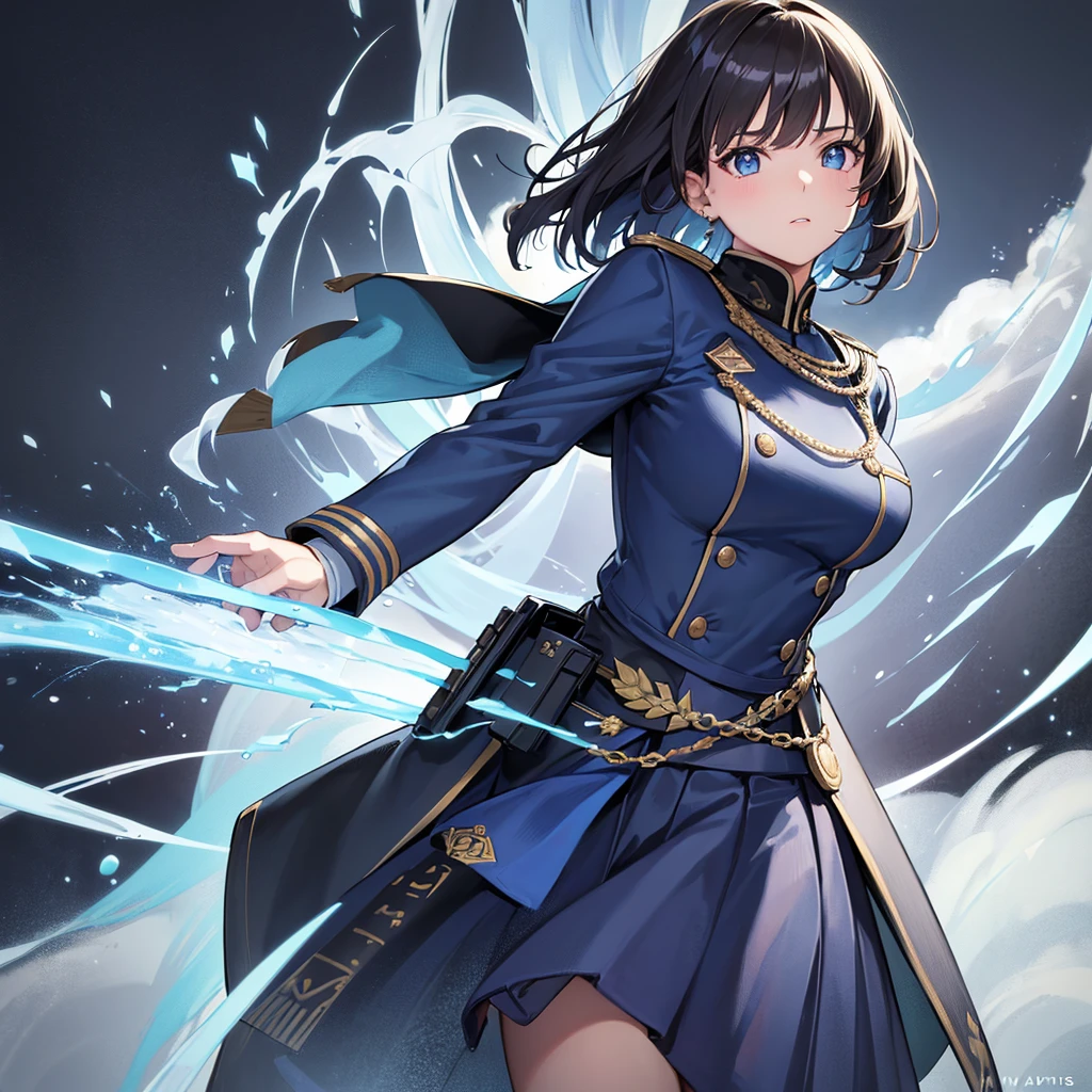 (Maximum resolution, clearly_image), best quality, masterpiece, Very detailed, Semi-realistic, Brunette woman with shawl, Black pupil, Mature, Mature woman, Imperial sister, Sexy, short hair, Triple Bangs, Light blue uniform, Light blue jacket, Soldier, Light blue pleated skirt, military uniform, warrior frontline, future, Science fiction, universe