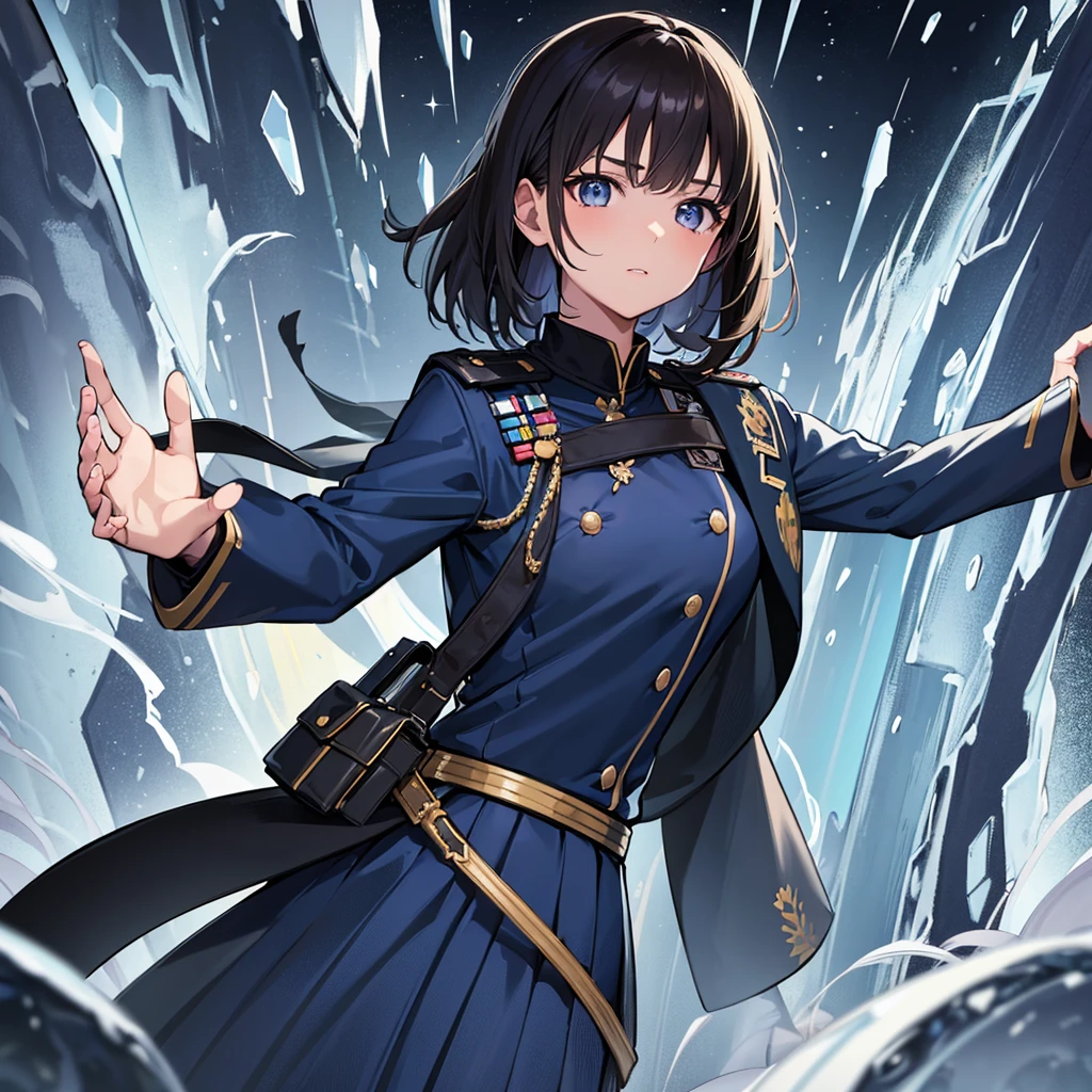 (Maximum resolution, clearly_image), best quality, masterpiece, Very detailed, Semi-realistic, Brunette woman with shawl, Black pupil, Mature, Mature woman, Imperial sister, Sexy, short hair, Triple Bangs, Light blue uniform, Light blue jacket, Soldier, Light blue pleated skirt, military uniform, warrior frontline, future, Science fiction, universe