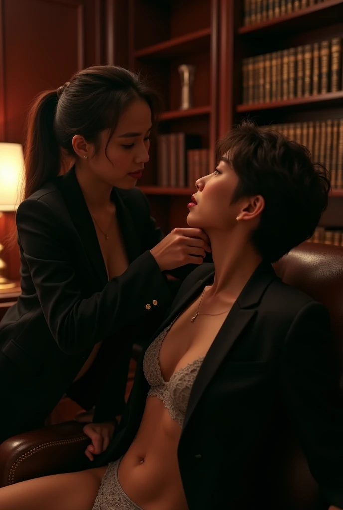 In a luxurious, dimly-lit study lined with dark mahogany bookshelves, Claire Wong, a poised and powerful lawyer in her late 30s, is seated in a high-backed leather armchair. She’s dressed in a sleek black blazer, which she has just begun to slip off, revealing a delicate lace bralette beneath. Alex Tanaka, her young 1 intern, kneels before her, his hands resting gently on her knees, his gaze filled with a mix of reverence and desire. Claire’s hand reaches down to lift his chin, guiding his gaze up to meet hers, her expression a blend of authority and tenderness. The atmosphere is charged with tension, as Claire maintains control, yet allows herself a moment of vulnerability, letting Alex see a side of her she rarely shows. Soft, ambient lighting, high detail, intimate and moody, 4K.