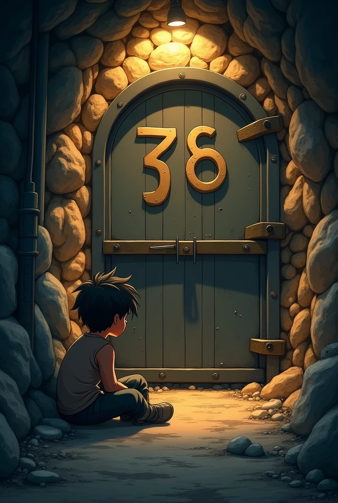 In a mine, A boy with black hair sits next to a gate with a number 12 on it