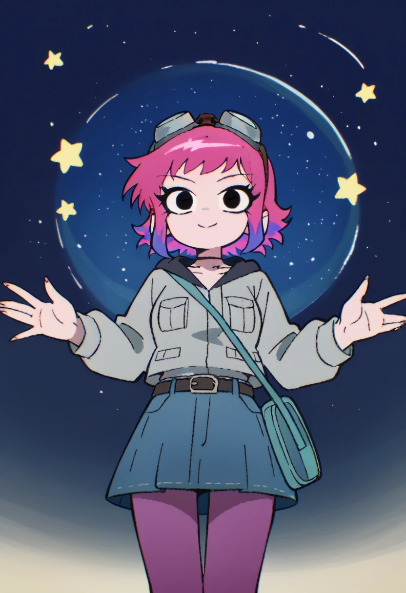 1girl (masterpiece) in space, starry background, floating, perfect face, Ramona_Flowers, short hair, black eyes, medium breasts, goggles on head, hoodie, grey jacket, long sleeves, shoulder bag, belt, denim skirt, purple pantyhose, (pink hair, blue dip dyed hair) black choker necklace, soft smile