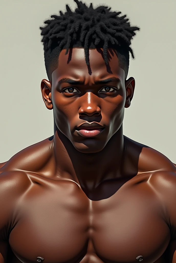 A muscular young African man, curled hair, clear eyes