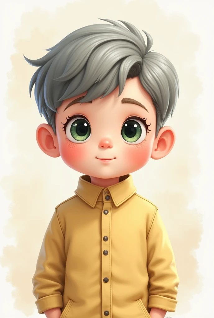 Portrait of a cute boy, 5-, ashy gray hair, short haircut, large dark green eyes, plump bow lips, light yellow jumpsuit, realism, watercolor, 4K, High detail