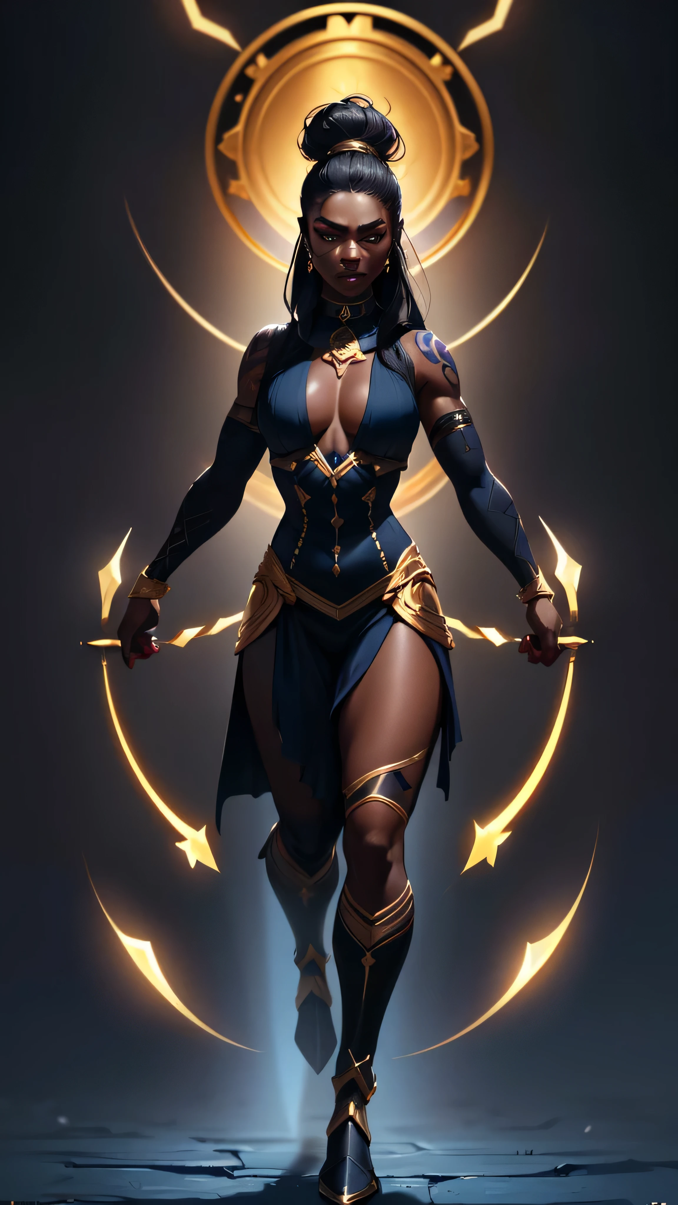 dark shadow, dark shadow skin, black long hair bun, armor, dark blue vest, gold collar, gold earnings, (2 blades), white tatoos, 1woman, solo, full body view, (masterpiece, best quality), (hyper realistic:1.6), ((detailed face)), ((award-winning)), (sharp), (8k resolution), (cinematic lighting)