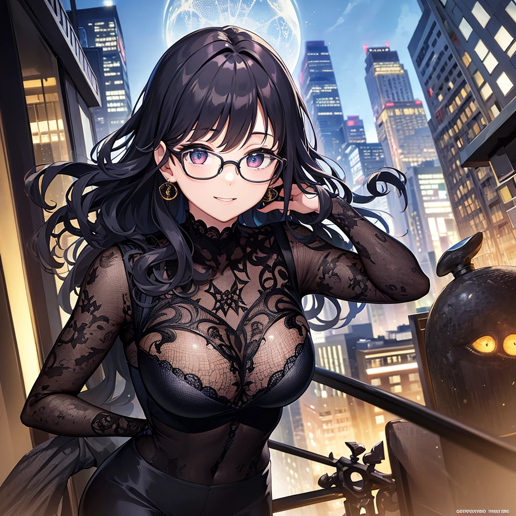 Spider Suit, Spider Web print, Spider Web, Hero, masterpiece, absurd, Fine details, HDR, ((Very detailed face and eyes)), Reality,, Focus on the eyes,, Stand on the roof of a skyscraper, ((no-mask)), Looking at the audience, Smile, Black Hair, Boy Focus, Big Hair, curls, Round glasses, earrings, , New York architectural background,