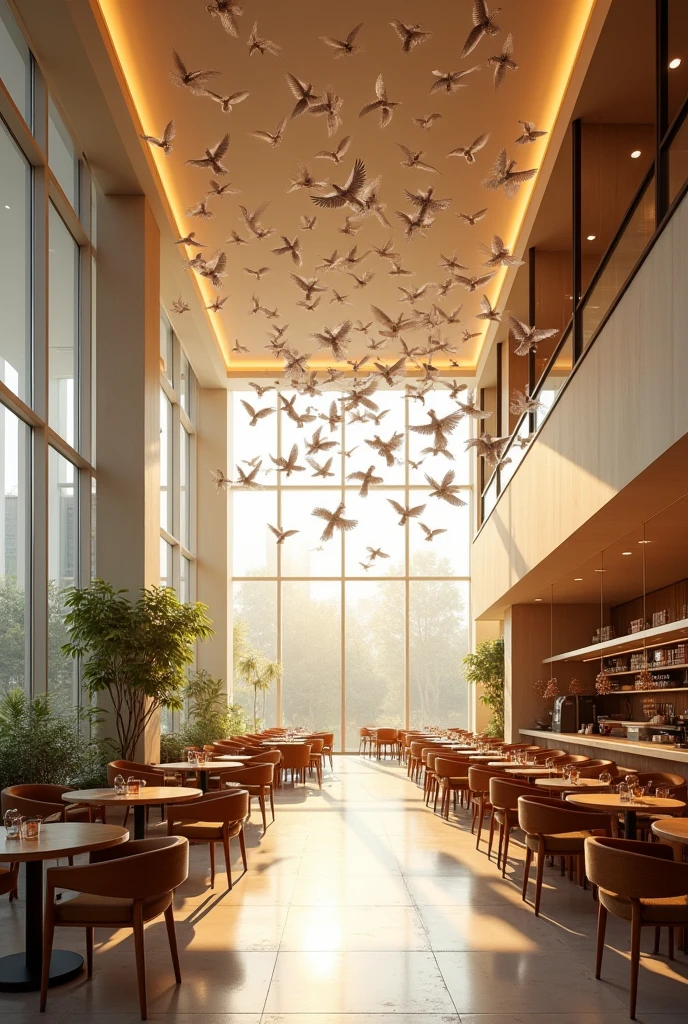 Aesthetic lobby of a cafe with the concept of murmuration and fluidity and a lots of bird hanging in ceilings in motion