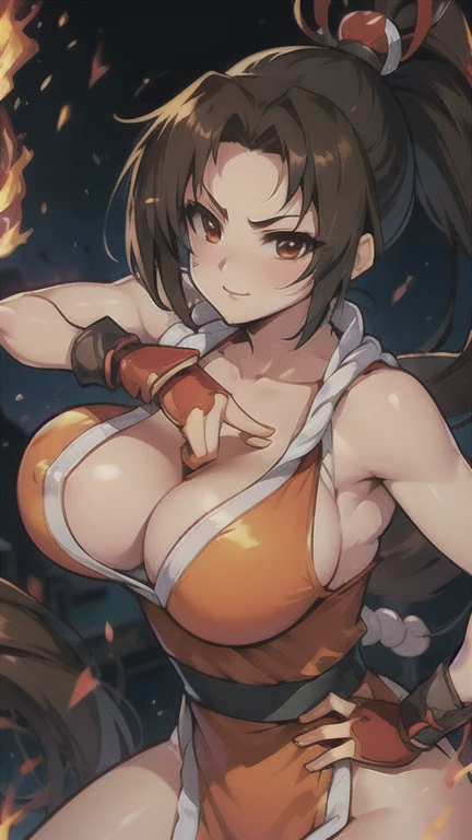 anime girl with a sword and fire in her hand, Mai Shiranui, Kunoichi, Yoko Matsugane as Mai Shiranui, Ikki tousen, seductive anime girl, Guilty Gear art style, Katana on fire, fox and bush, Tifa, female action anime girl, hot fire goddess, fire!! Whole body, wielding kunai