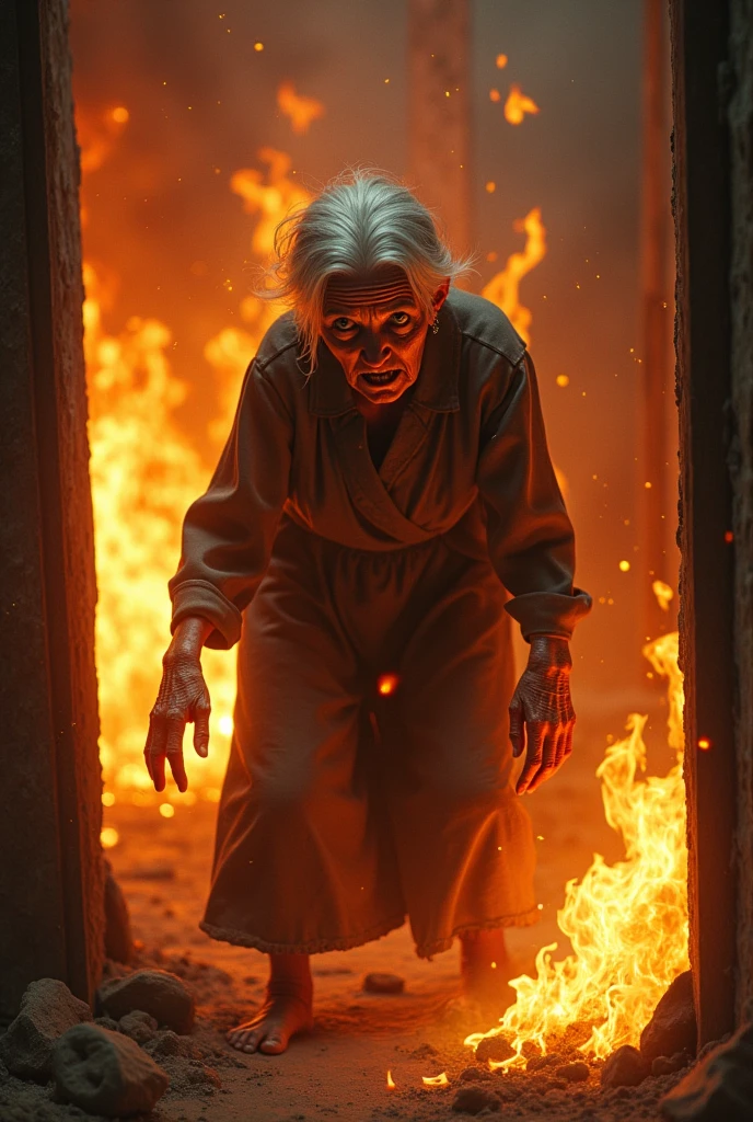 old woman burning in the flames of fire