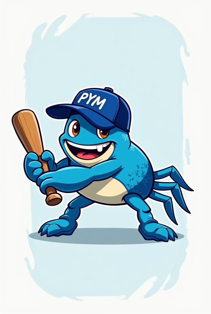 Blue cartoon crab with baseball bat in batting stance with blue cap that says PyM on the front