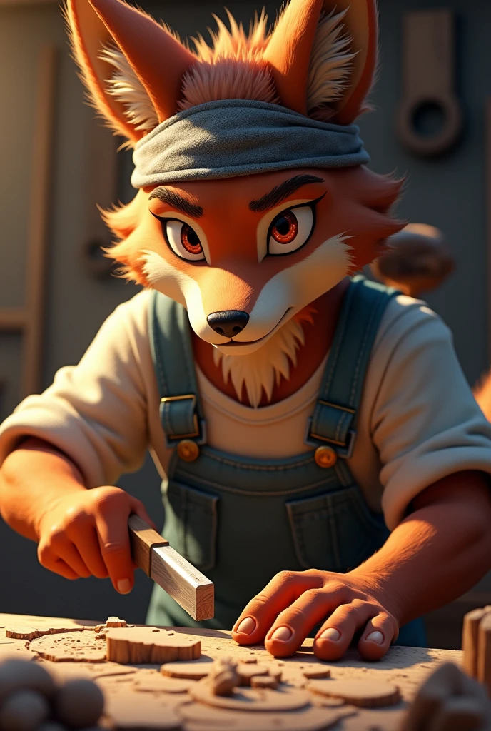 masterpiece, Highest quality, Very detailed, High resolution, An expensive solution, High resolution, Very detailed CG, Beautiful details, depth, Fine texture, Super Fine, Total concentration, , nice, Higuma, short fur, Brown fur, Beautiful attention to detail, Crimson Eyes, Casual work shirt, Roll up your sleeves, Towel bandana, Holding a chisel and mallet, Doing wood carving