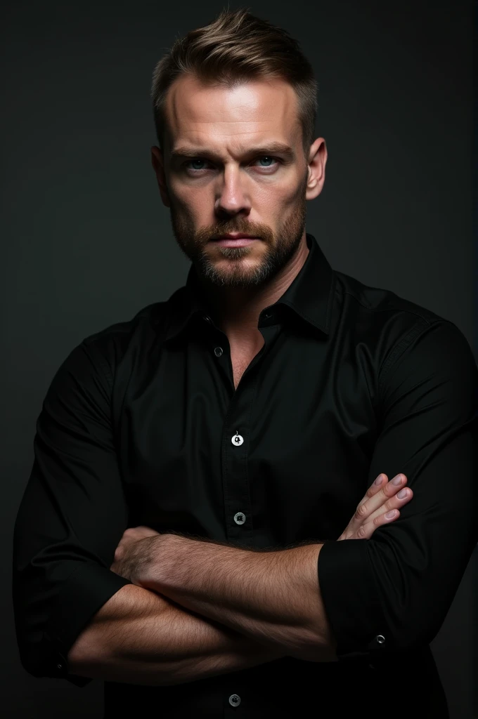 A man of about 2, with a domineering and dark aura, that looks like it's from the mafia, May he be white-skinned, blue eyes and wearing a black button-down shirt that is rolled up to the elbows and has his arms crossed, and that he is Russian and that he is strong but not too much, just let it be noted that he goes to the gym