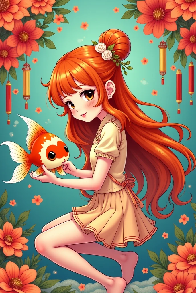 goldfish,Girl,Orange brown long hair,Chinese style,Short skirt,comics
