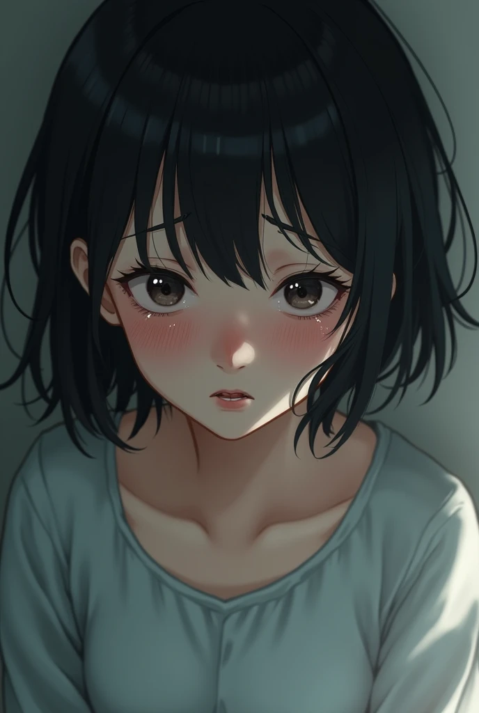 A young modern Japanese girl, around , crying with tears streaming down her face. She has short black hair and is wearing a simple, light-colored dress. Her expression is one of sadness and fear