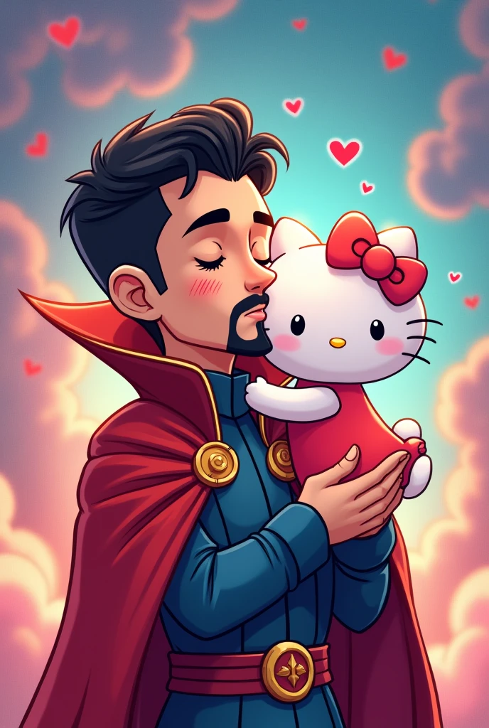 Create a drawing of Dr.. Strange young man with goatee in love with Hello Kitty giving a kiss cartoon version kawaii