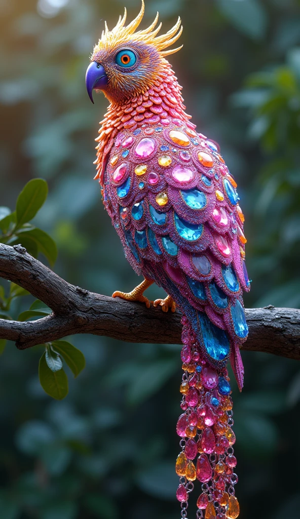 Forbes Diamond「bird on the tree」teeth、The protagonist is portrayed naturally and realistically.。, Highly detailed and photorealistic, Render the background, Photorealistic concept art, Hyperreal Rendering, Red realistic 3D rendering, Bird Society, Photorealistic images, Highly detailed and photorealistic, Ultra-realistic detailed rendering, Realistic detailed images, Highly detailed rendering, High quality rendering,((A fictional bird with many colorful jewels on its body.))Fluorescent bird,His whole body is covered in colored gems,The tail is also covered with jewels