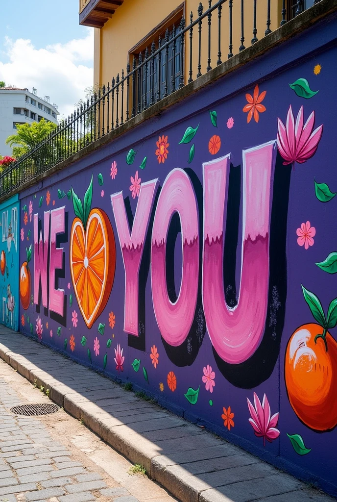 Wall on a Brazilian street with graffiti that says:' we love you Min Yoongi '. with purple details, small drawings of tangerines and lotus flower.