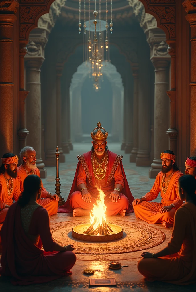 One king doing yagam with bramhana panditas in a kingdom ,wood fire in small amount and all sat on the ground surrounds on it