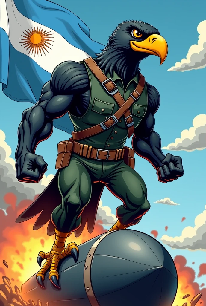 Cartoon of a muscular black hawk with a yellow beak in a military uniform, riding a mk 82 bomb, with the Argentine flag in the background