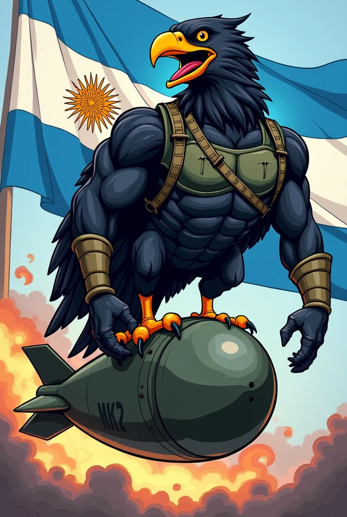 Cartoon of a muscular black hawk with a yellow beak in a military uniform, riding a mk 82 bomb, with the Argentine flag in the background