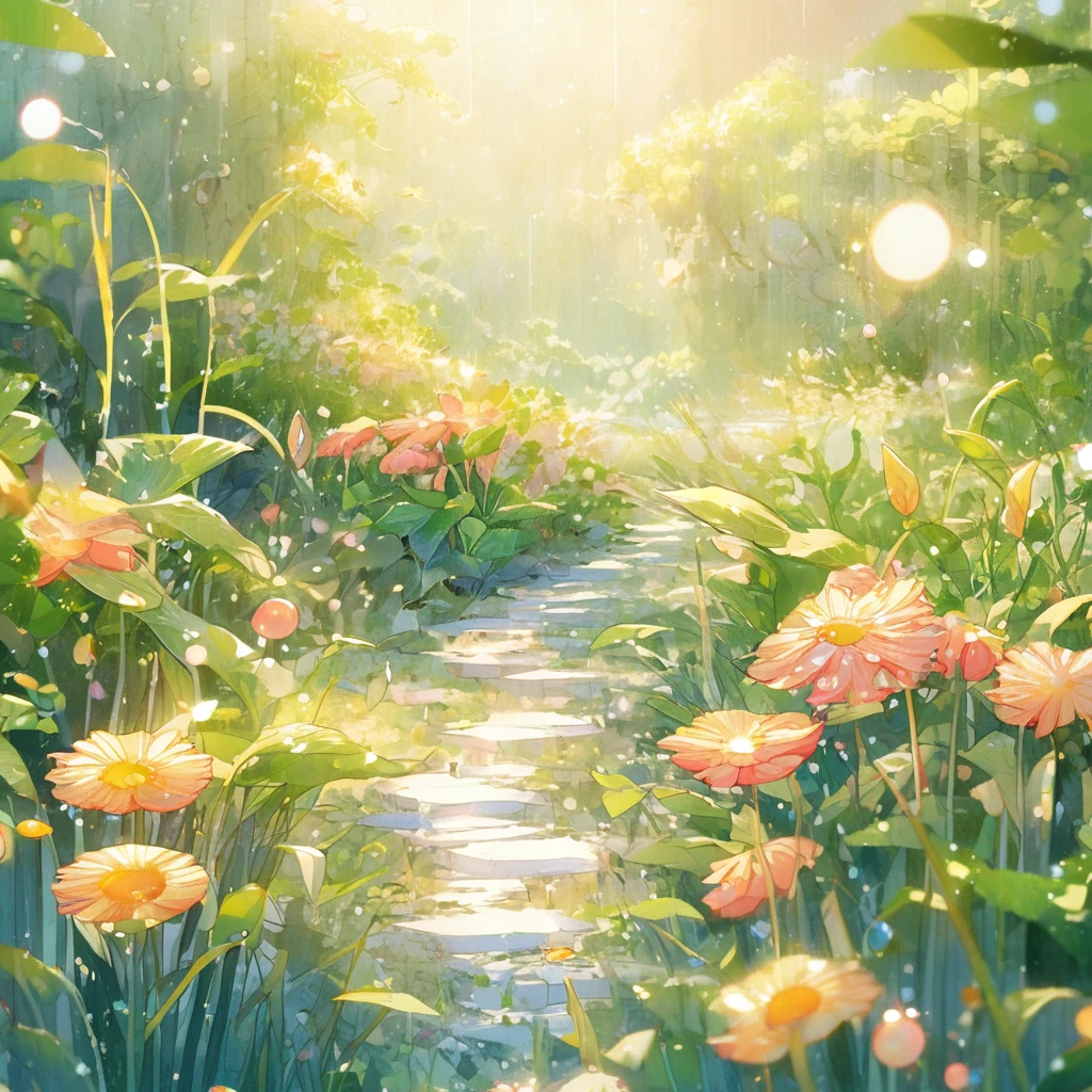 Sparkling in the morning. 봄 아침 The Rising Sun의 glitter이 나뭇잎 사이로 빛난다.,Create a warm atmosphere。
The Rising Sun,Shine a soft light,Create a peaceful atmosphere in the early morning.,The grass is covered with clear morning dew.,Feel the refreshing coolness, glitter, Every new green sprout has the characteristics and charm of spring...。Early morning sun、Elegant flowers bloom, A delightful moment of a spring morning, Highly detailed quality,Meticulous,HD Super Complex,extremely complicated, Soft and natural light and shadow , masterpiece,The best realistic work