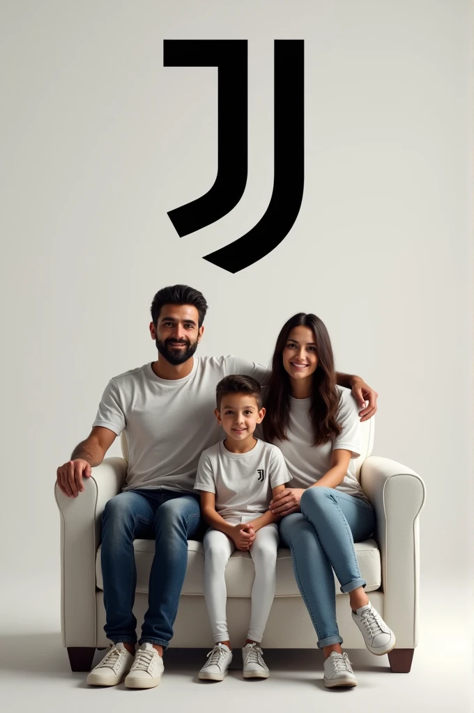 Husband's Family Photo, wife and 1 son sitting on a Juventus chair surrounded by the Juventus football club logo, facing forward with the words Rico Lipana heading to 10K, HD Realistic