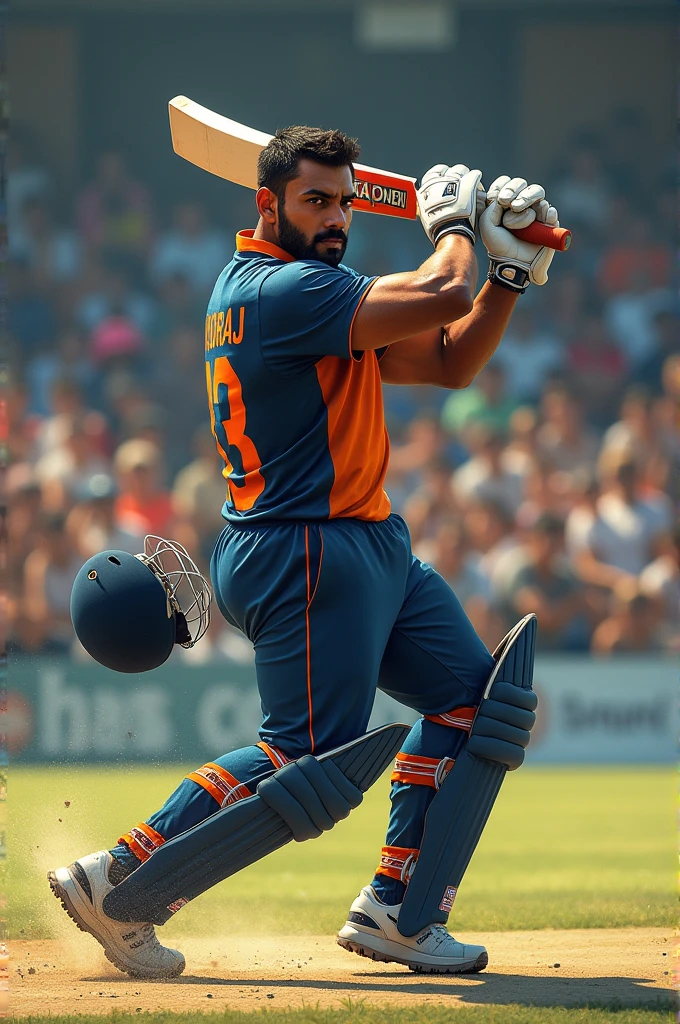 One man into the ground and in one hand bat and in one hand helmet and audience are cheering and cricket Jersey name is ruturaj and jersey number is 07 