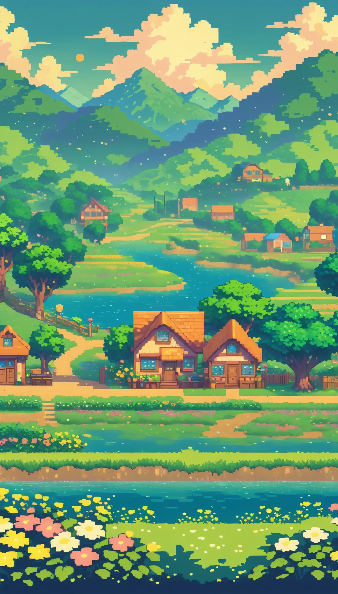 ultrawide landscape lofi stardew valley pixel, kawaii city, No people