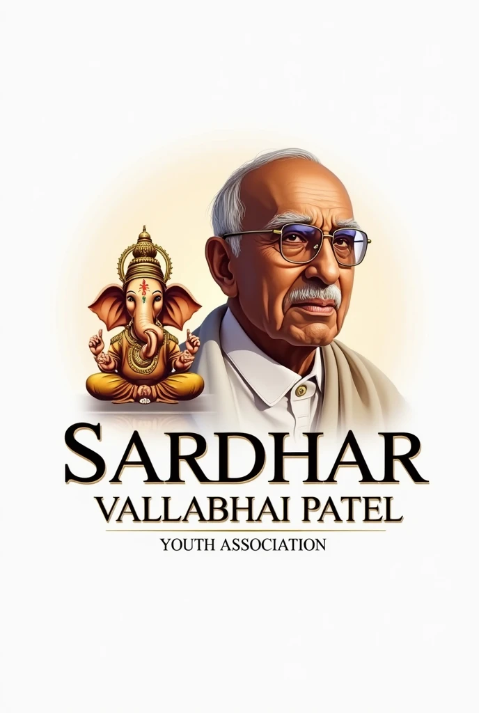 Logo with stylish font of sardhar vallabhai Patel youth association, with image of sardhar vallabhai Patel's actual photo at his 70s,
with picture of lord ganesha , aesthetic, realistic