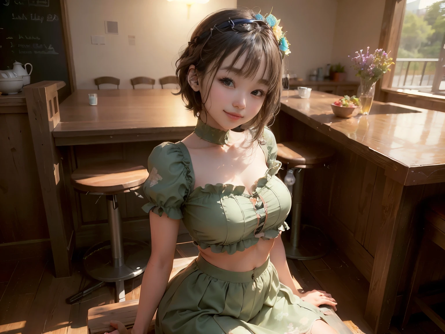 (Highest quality, masterpiece, Ultra-high resolution, 8k, RAW Photos, Realistic, Anatomically correct:1.5), 20-year-old girl:1.2, Embarrassing, avert your eyes, blush:1.0, View Viewer, ((bar)) 、Large windows、Night view、 Light:1.2, Bokeh, Cinema Lighting:1.0, Depth of written boundary, sharp、 Cute Face、Idol、(Black short sleeve lace top)、(Black tulle skirt)、(Green clothes)、(Floral clothes)、”dwarf”、(Full Body Shot)、(Side angle)、Cowboy Shot、( smile)、((Ultra short hair、Berry Short))、(Straight bangs)、((See-through))、(( One woman))、look back、I can see your belly button、Sit on a chair、