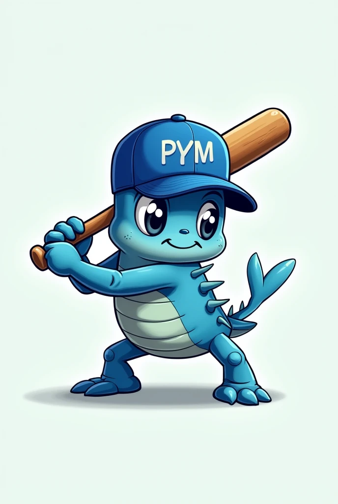 Blue cartoon crab with baseball bat in batting stance with blue cap that says PyM on the front