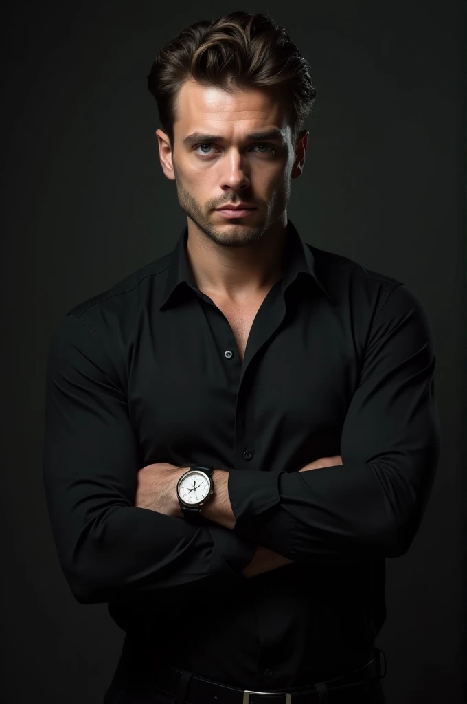 A man of about 2, with a domineering and dark aura, that looks like it's from the mafia, May he be white-skinned, blue eyes and wearing a black button-down shirt that is rolled up to the elbows and has his arms crossed, and that he is Italian and that he is strong but not too much, just let it be noted that he goes to the gym