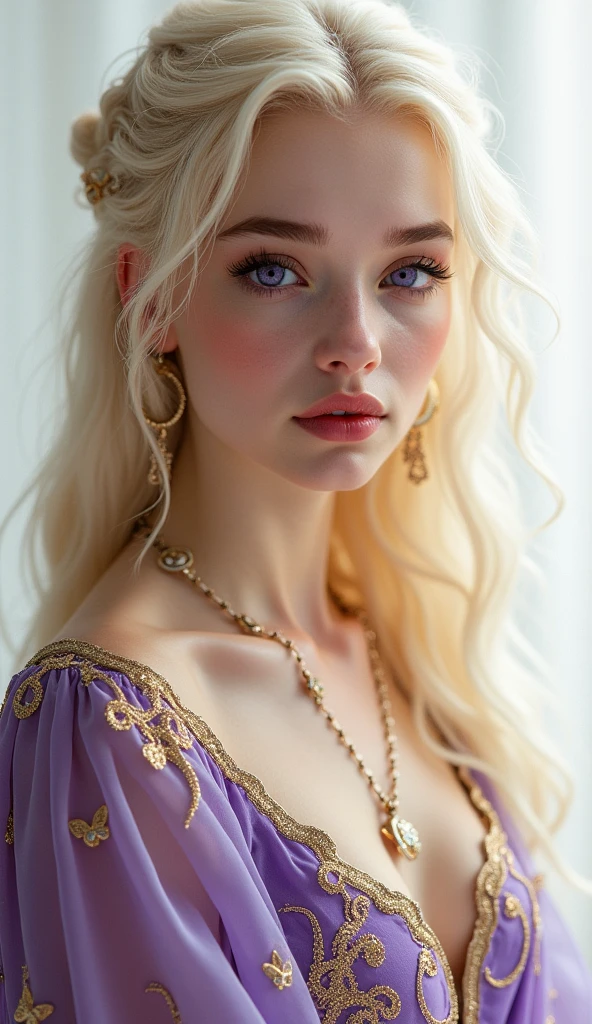 1 girl, full body shot (1.3),close up face shot (1.3), face shot, corridor,Soft Light, Targaryen Beauty,dress,Light-haired,long hair,
white background, gorgeous Targaryen girl, with thick and long wavy the palest of gold glossy hair, big and large wide shaped deep purple bright eyes, long and thick curly golden eyelashes, upturned nose, high nose bridge, fullest and plumpest pouty rosy red luscious lips, oval face shape, shorter face, shorter chin, tiny face size, pale milky white traslucent perfect skin, whitening skin, hourglass voluptuos shaped body, tiny and narrow waist, rounded hips, long and slender beautiful legs, big perfect brests (1.4), large breasts, bust size 84 cm, waist 60 cm, hips 86 cm, bra size 32 C, tall at 5’7, full body image, realistic, photorealistic, ultradetailed, skin texture, hyperealismHigh Resolution, Closed Mouth, highly detailed, high resolution 8K, wearing a Targaryen princess dress with intricate golden dragons dancing sewed on the purple dress dress highliting her horglass body, detailed jewlry, 18-years-old