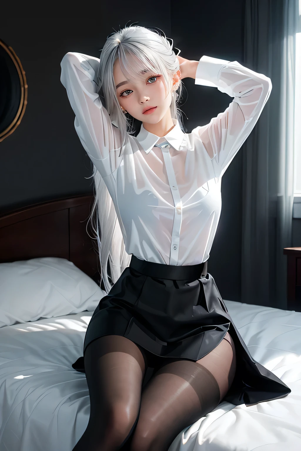 (((1 girl)),ray tracing,(dim lighting),[detailed background (bedroom)),((silver hair)),((silver hair)),(Fluffy silver hair, plump and slender girl))) with high ponytail))) Avoid golden eyes in the ominous bedroom ((((Girl wears a white shirt, black wrinkled skirt with black transparent pantyhose), showing a delicate slim figure and graceful curves, correct limbs, sitting on the bed with hands behind her head, Put both hands behind your head
