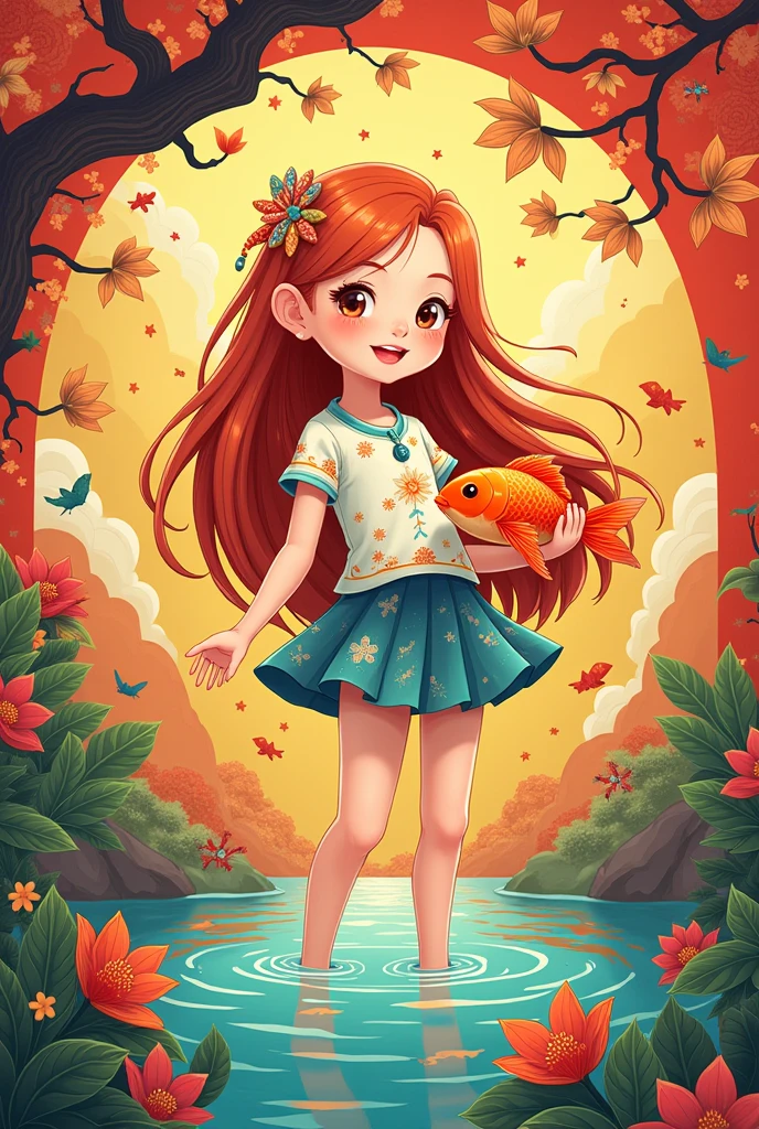 goldfish，Girl，Orange brown long hair，Chinese style，Short skirt，comics