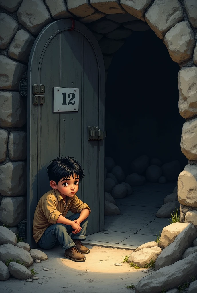 In a mine, A black-haired miner boy sits next to a gate with the number 12 written on it 