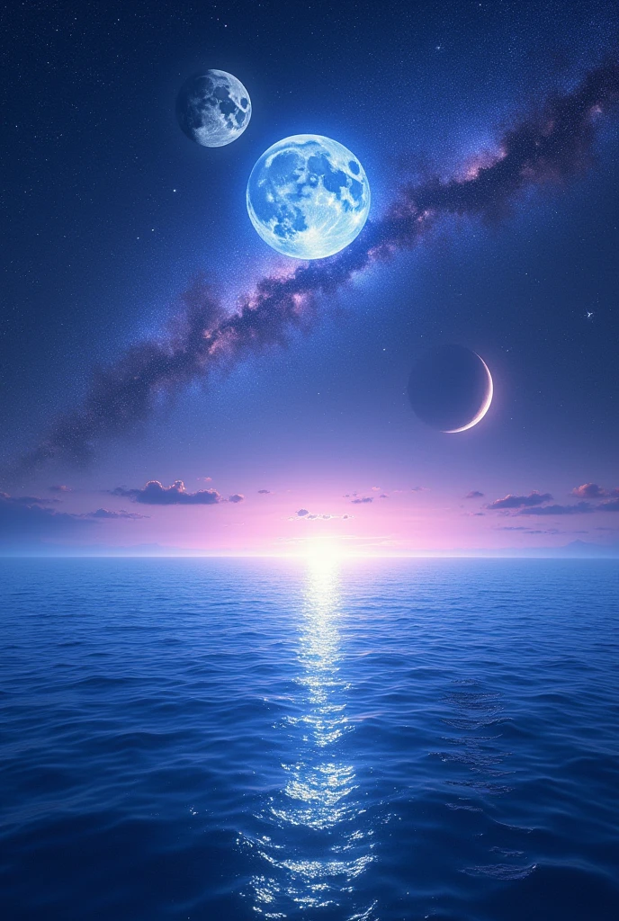 best quality, Full-HD, landscape photo, the universe, ocean, gradient blue background, gradient purple background, in the space, with a moon, with a full moon, with a crescent moon, with stardust, with a planet, with a comet, with a galaxy, at midnight, at night
