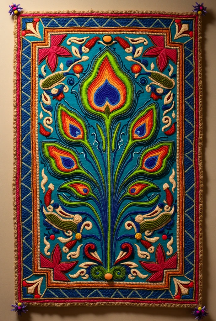 Rectangular moti beaded mat with colourfull morpankh on it