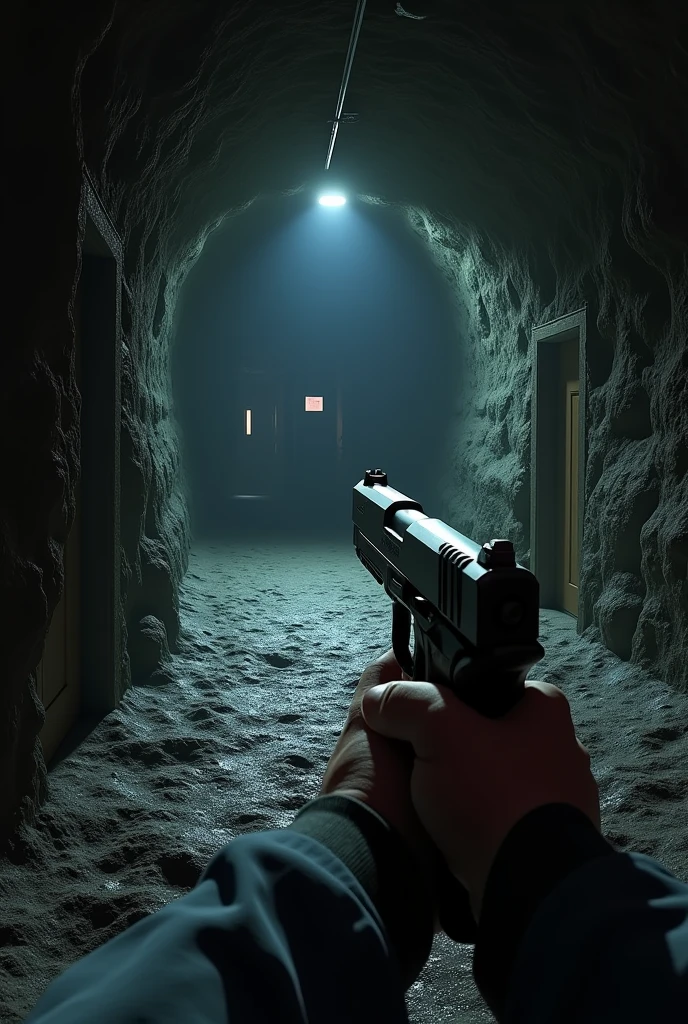 Underground mine first person view with a pistol in hand, I found two doors