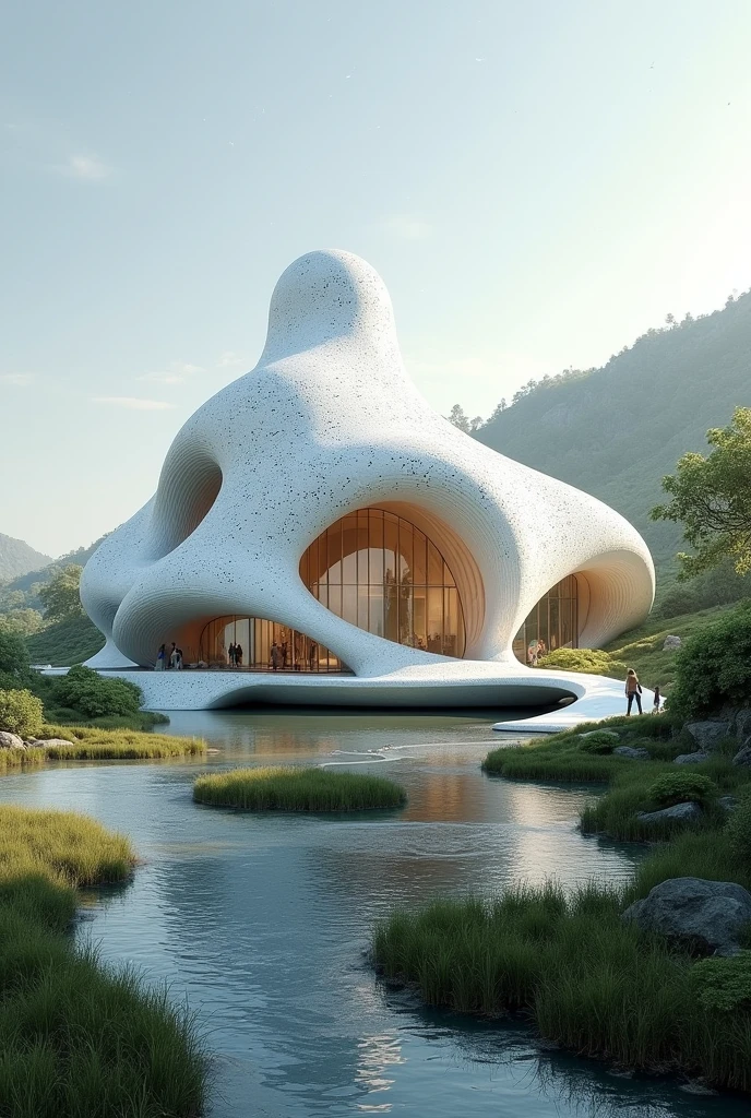 Structure and facade of a single storey building with the concept of fluidity and murmuration