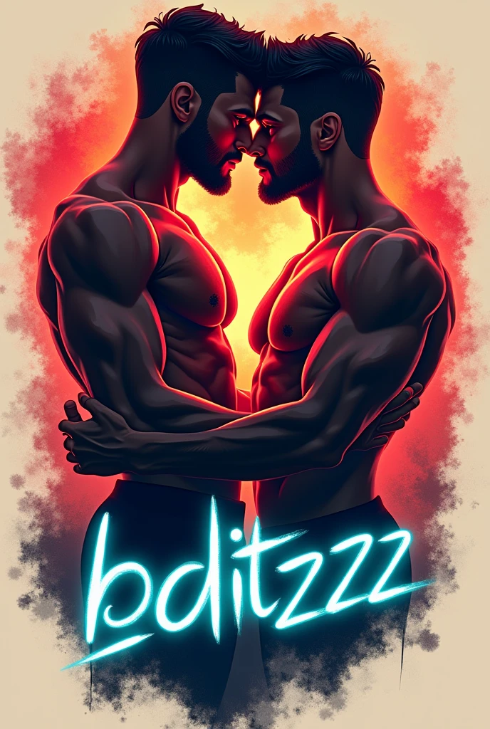 Two stylized male figures in a dynamic, close pose, with their bodies forming a subtle heart shape. The font could be sleek and modern, with the word "BL" in a bold, deep red or black, while "Editzzz" is in a playful, electric blue with a slight neon glow. The background could include a faint, fiery gradient or some abstract spark elements to add a touch of spice. This design would encapsulate the romantic, intense, and creative nature of your content.