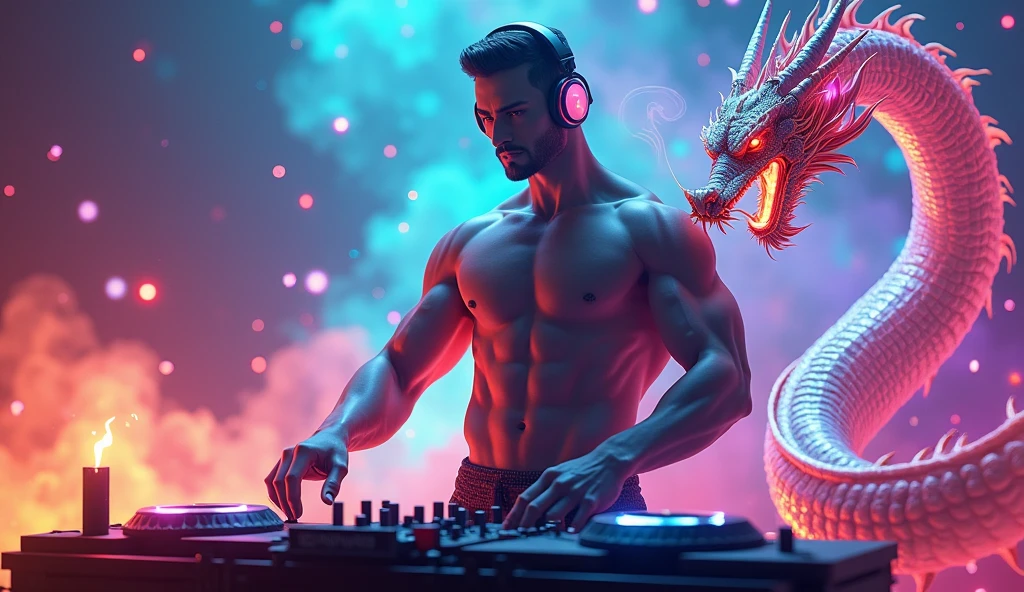 A 3D render of a surreal digital artwork featuring David, a muscular, god-like figure with an imposing and powerful presence. David's well-defined, chiseled physique stands out as he becomes one with the music, wearing sleek, futuristic headphones and skillfully manipulating a high-tech DJ deck. Every contour of his strong, muscular body is accentuated by the intense, dramatic lighting that casts dynamic shadows across his frame. He is wearing a red shirt featuring the iconic gold star of the Vietnamese flag at the center of his chest. A majestic Lý dynasty dragon elegantly spirals around him, adding an aura of ancient power to his modern image. In one hand, he holds a lit cigarette, with wisps of smoke intertwining with vibrant, colorful music notes that float and pulse in the air, moving in harmony with the beat. The background is alive with a vibrant explosion of swirling colors—ranging from electric blues and fiery reds to radiant pur