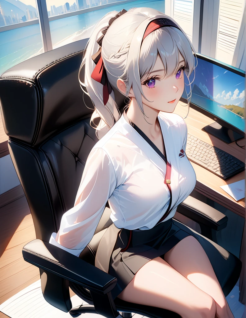 masterpiece, top quality, Super details, 8K, Detail lights, Detailed shadows, (delicate skin), (real: 1.2),, 1 girl, silver hair, wearing white shirts and black blazer, headbands, sitting on office chair,purple eyes, moderate breast