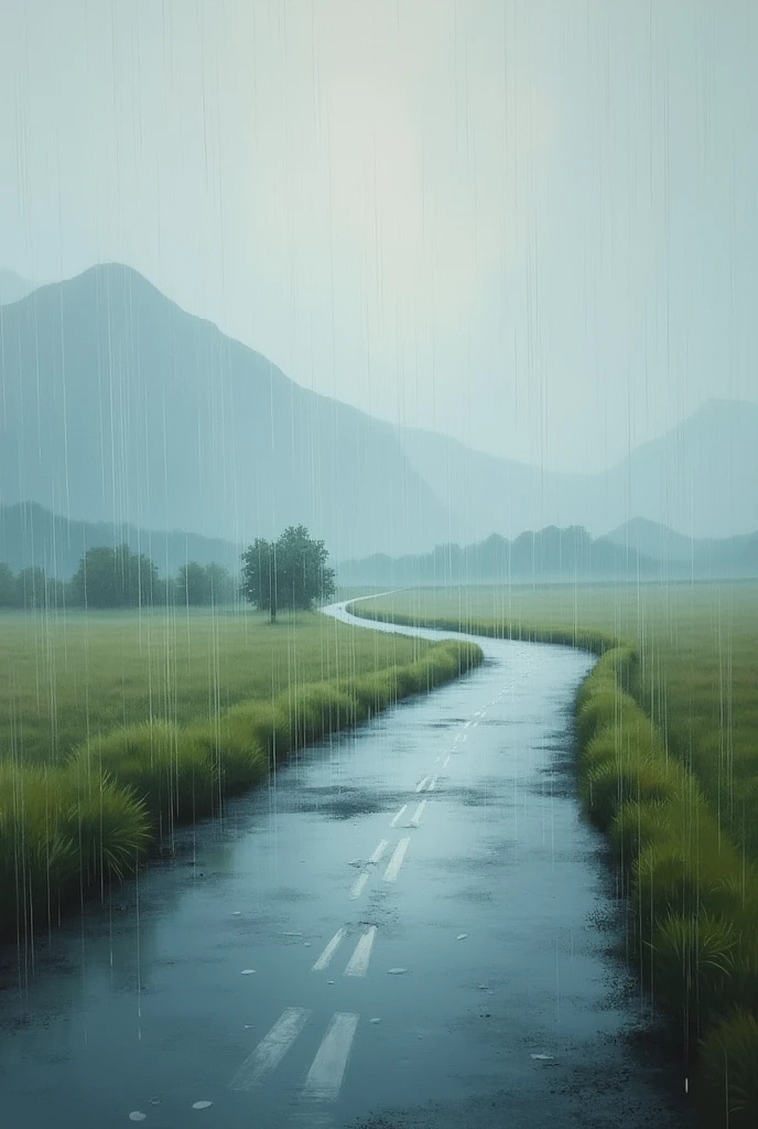 Rainy season ka image road ka baarish bhi ho rhi ho Painting me pahad aur ped nhi hone chahiye