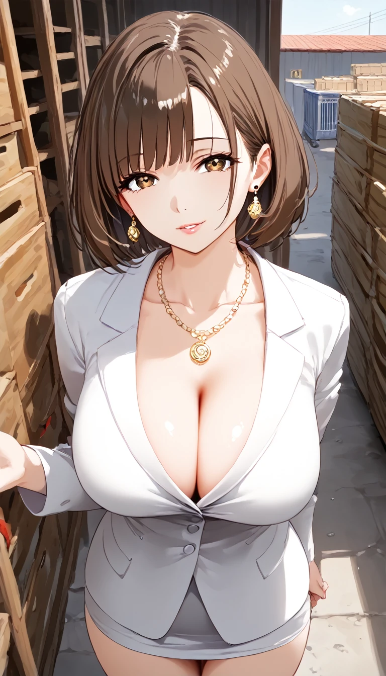 Highest quality,Ultra-high quality,Scale up,breast enhancement,woman,Mature Woman,Age 42,Formal wear,Light pink lip,Earrings,necklace,Brown eyes,Bob Hair,Dark brown hair,Big Tits,Above the ground,Are standing,storehouse