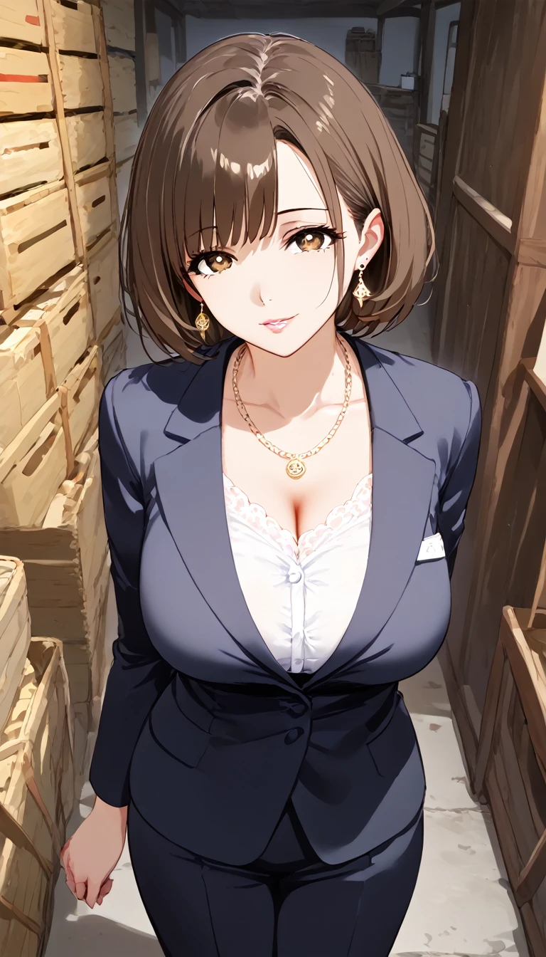 Highest quality,Ultra-high quality,Scale up,breast enhancement,woman,Mature Woman,Age 42,Formal wear,Light pink lip,Earrings,necklace,Brown eyes,Bob Hair,Dark brown hair,Big Tits,Above the ground,Are standing,storehouse