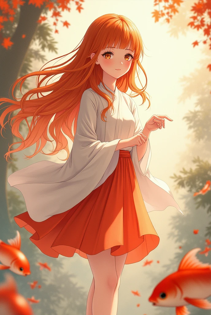 goldfish，Girl，Orange brown long hair，Chinese style，Short skirt，Japanese Anime