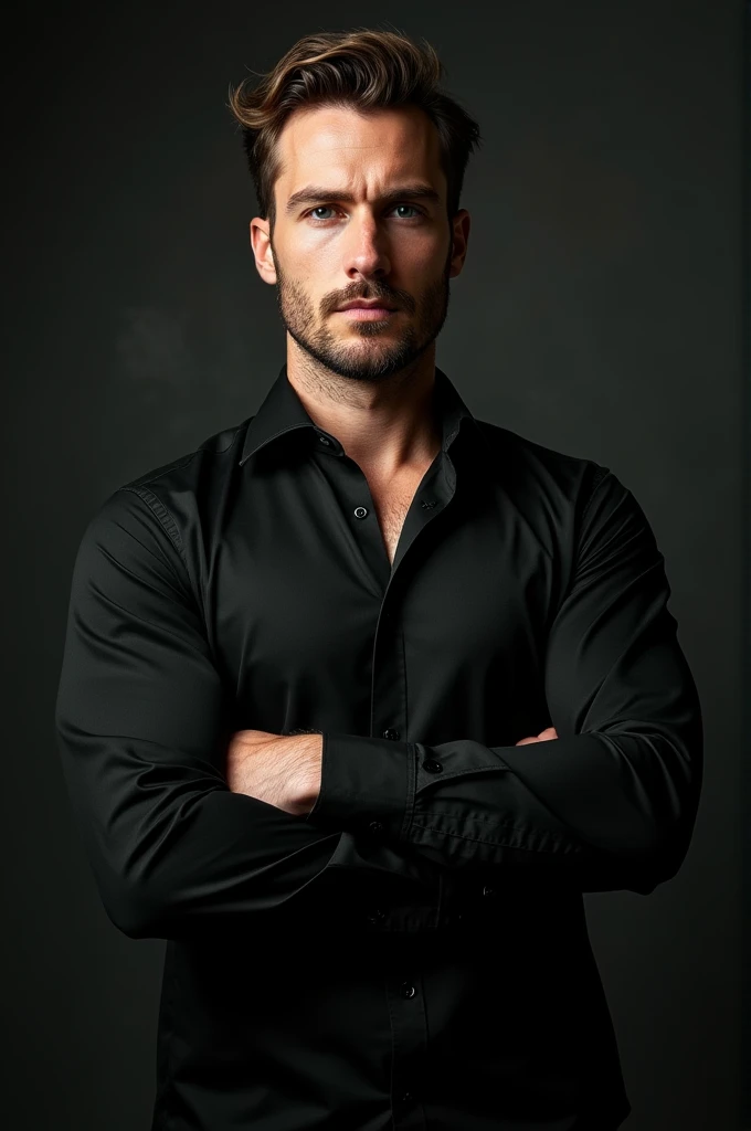A man of about 2, with a domineering and dark aura, that looks like it's from the mafia, May he be white-skinned, blue eyes and wearing a black button-down shirt that is rolled up to the elbows and has his arms crossed, and that he is Italian and that he is strong but not too much, just let it be noted that he goes to the gym