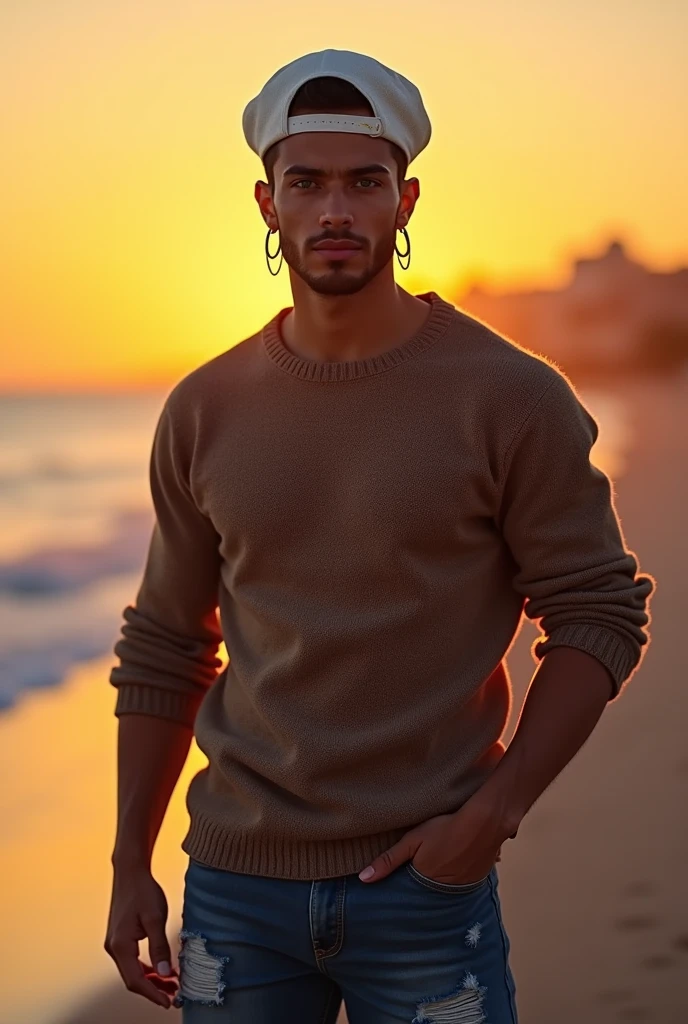 (photorealism:1.2), (8k) (detailed) (Whole body) facial features: Square face with a marked jaw, prominent cheekbones and thick, dark eyebrows. Adds youthfulness to your appearance.hair: hair oscuro, usually combed back or styled slightly tousled, which can vary between short and medium.eyes: eyes verdes oscuros, with a penetrating look that expresses confidence, with hoops on each side.Complexion: slim and well defined. Height 1.80, which gives it an imposing presence.style: Your style of dress: sweater with a white wool cap, ripped jean pants.Skin tone: Skin tone bronceado, typical of the Mediterranean.Expression: He usually has a serious or concentrated expression., Although he can display a charming and confident smile.(standing in a bold pose looking at the camera next to a sunset on the beach).