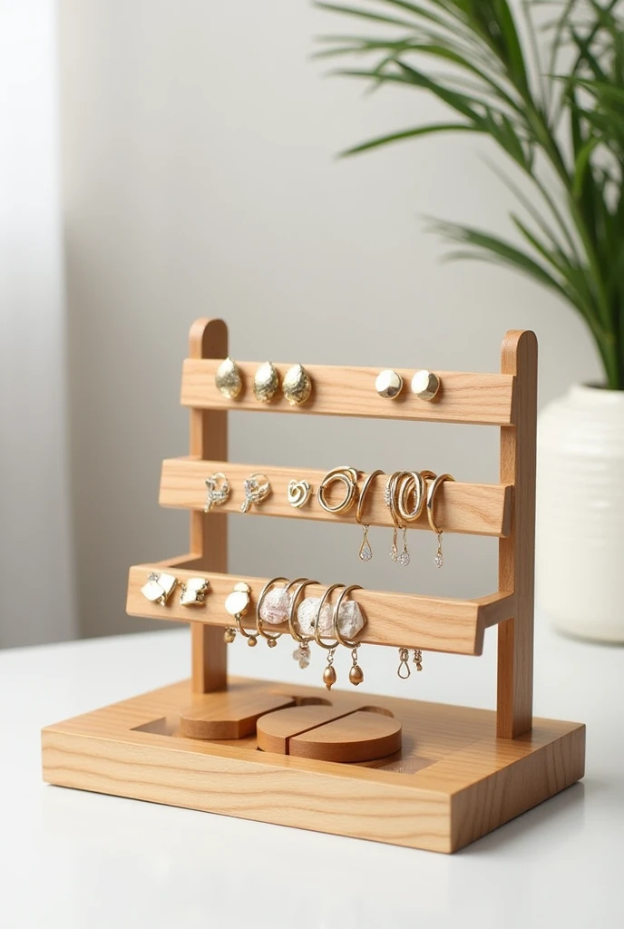 You can create a three-tier wooden jewelry display for earrings with samples and an additional bracelet holder